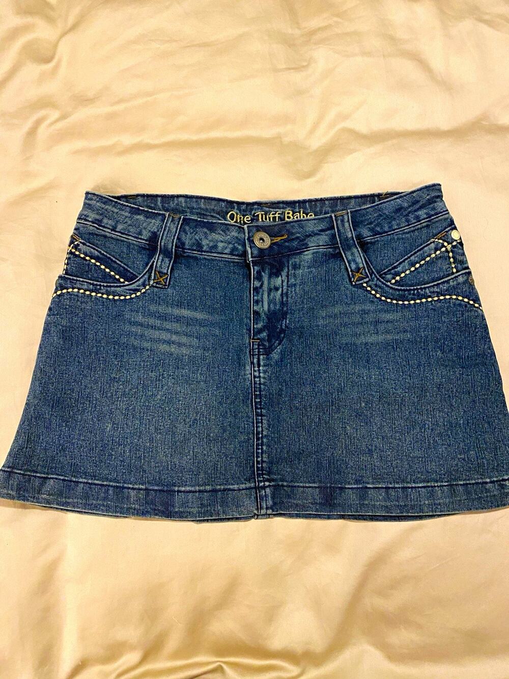 Y2K One Tuff Babe Blue Denim Mini Skirt with Studded Accents & Pockets Size 7/8